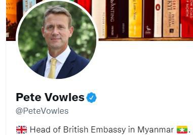 피트 보울스 주미얀마 영국 대리대사의SNS. 대사라는 표현 대신 주미얀마 영국 대사관의 공관장이라고만 표기하고 있다.  [피트 보울스 SNS 캡처. 재판매 및 DB 금지]
