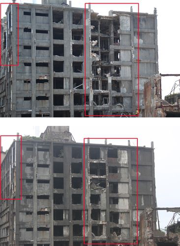 붕괴 중인 군함도 30호 건물…2015년과 2022년 비교(하시마=연합뉴스) 이세원 특파원 = 1일 오전 일본 나가사키현 하시마(일명 '군함도')의 견학 광장에서 30호 건물(위)이 보인다. 2015년 6월 5일 비슷한 위치에서 찍은 사진(아래)과 비교해보면 훼손 상태(붉은 사각형)가 심각해진 것을 알 수 있다.