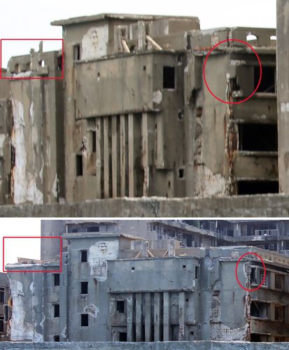 군함도의 조선인 숙소…2016년과 2022년 비교(하시마=연합뉴스) 이세원 특파원 = 1일 오전 일본 나가사키현 하시마(일명 '군함도') 인근 해상을 운항 중인 유람선에서 군함도의 66호 건물(아래)이 보인다. 2016년 7월 1일 비슷한 위치에서 찍은 사진(위)과 비교해보면 옥상의 구조물(붉은 사각형)이 훼손됐고 창틀 근처 콘크리트 훼손(붉은 타원)이 심각해진 것을 알 수 있다.