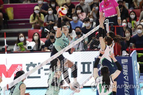승리 향한 스파이크(순천=연합뉴스) 천정인 기자 = 19일 전남 순천시 팔마체육관에서 열린 2022 순천·도드람컵 프로배구대회 여자부 준결승 GS칼텍스와 현대건설의 경기. GS 칼텍스 권민지 선수가 스파이크를 하고 있다. 2022.8.19 iny@yna.co.kr
