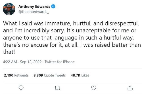 앤서니 에드워즈의 사과문[앤서니 에드워즈 트위터 캡처. 재판매 및 DB금지]