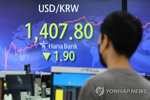 원-달러 환율 1,400원대 등락(서울=연합뉴스) 홍해인 기자 = 23일 오전 서울 중구 을지로 하나은행 본점 딜링룸 현황판에 원/달러 환율이 표시돼 있다.      이날 서울 외환시장에서 원/달러 환율은 4.7원 내린 달러당 1,405원으로 출발했다. 2022.9.23 hihong@yna.co.kr
