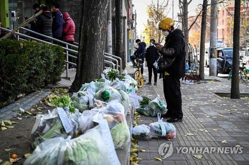 코로나19 확산으로 봉쇄 조처 내려진 중국 베이징(베이징 AFP=연합뉴스) 코로나19 확산으로 중국 베이징에 봉쇄 조처가 내려진 가운데 25일(현지시간) 베이징의 한 슈퍼마켓 밖에 배달원이 서 있다. 배달원 앞에는 봉쇄된 고객들에게 전달할 채소와 식품 봉지들이 놓여 있다. 2022.11.25 ddy04002@yna.co.kr