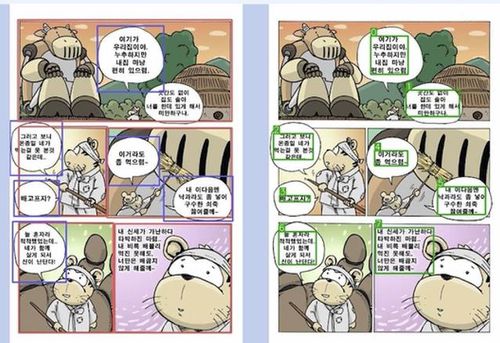 말풍선과 컷 라인을 인식(왼쪽)한 뒤 순서대로 대사를 배열하는 예시[네이버웹툰 제공. 재판매 및 DB 금지]