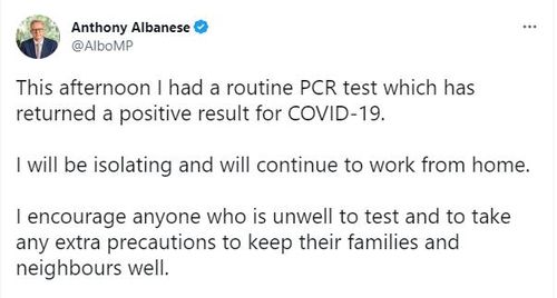앤서니 앨버니지 호주 총리가 5일 트위터를 통해 신종 코로나바이러스 감염증(코로나19) 확진 사실을 알리고 있다. 2022.12.5 photo@yna.co.kr [앤서니 앨버니지 호주 총리 트위터. 재판매 및 DB 금지]