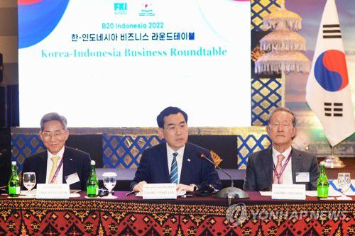 이창양 산업부 장관, 인도네시아와 경제협력방향 논의(서울=연합뉴스) 이창양 산업통상자원부 장관(가운데)이 14일 인도네시아 발리 BNDCC에서 열린 한국-인도네시아 비즈니스 라운드테이블에서 발언하고 있다. 2022.11.14 [산업통상자원부 제공. 재판매 및 DB 금지] photo@yna.co.kr