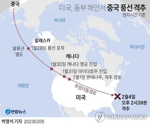 [그래픽] 미국, 동부 해안서 중국 정찰풍선 격추    (서울=연합뉴스) 박영석 기자 = 미국 정부가 4일(현지시간) F-22 스텔스 전투기 등 군 자산을 다수 동원해 자국 영공에 진입한 중국 정찰풍선을 해상에서 격추했다.      로이드 오스틴 국방부 장관은 이날 성명을 내고 "오늘 오후 바이든 대통령의 지시에 따라 미 북부사령부 소속 전투기가 사우스캐롤라이나 해안 영공에서 중국이 보내고 소유한 고고도 정찰 풍선을 성공적으로 격추했다"고 밝혔다.     zeroground@yna.co.kr     트위터 @yonhap_graphics  페이스북 tuney.kr/LeYN1
