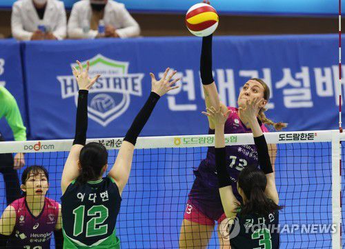 공격하는 옐레나(수원=연합뉴스) 홍기원 기자 = 7일 경기도 수원실내체육관에서 열린 프로배구 V리그 여자부 현대건설 힐스테이트와 흥국생명 핑크스파이더스의 경기. 흥국생명 옐레나가 공격하고 있다. 2023.2.7 xanadu@yna.co.kr