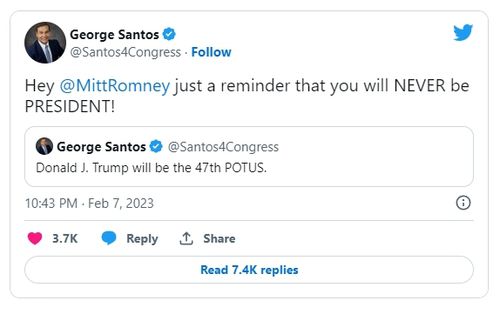 밋 롬니 상원의원에 대한 불만을 표출한 조지 산토스 의원의 트윗[트위터 캡처.재판매 및 DB 금지]