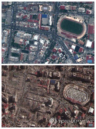 지진 전(위)과 후(아래) 카흐만마라슈 지역 모습 비교[AP 연합뉴스 자료사진. 재판매 및 DB 금지]