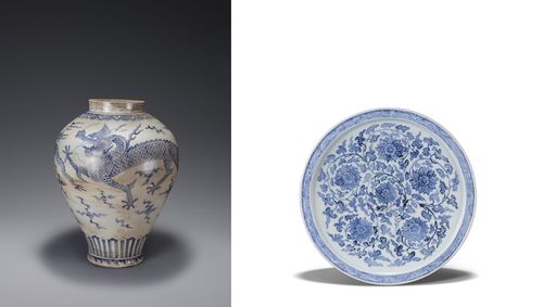 왼쪽부터 '백자청화 운룡문 호'(조선, 18세기)와 '백자청화 보상화당초문 잔받침'(조선, 15세기)[리움미술관 제공. 재판매 및 DB 금지]