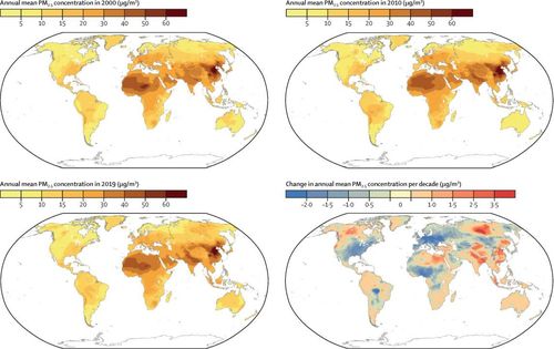 연도별 세계 초미세먼지 오염 지도 [Lancet Planetary Health 논문 캡처. 재판매 및 DB 금지]