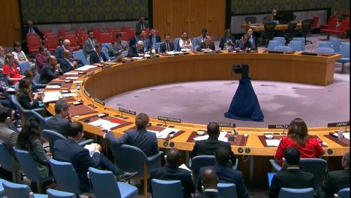 북한 정찰위성 발사 시도 논의하는 유엔 안보리 공개회의[유엔웹티비 캡처]