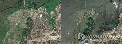 댐파괴로 홍수에 잠긴 시가지(올레스키 AFP=연합뉴스) 우크라이나 헤르손주 카호우카 댐이 파괴되면서 물에 잠긴 인근 올레스키 지역을 플래닛랩스 PBC가 촬영한 위성사진. 왼쪽은 댐 파괴 전인 5일, 오른쪽은 이후인 7일 찍힌 사진이다. 2023.6.8