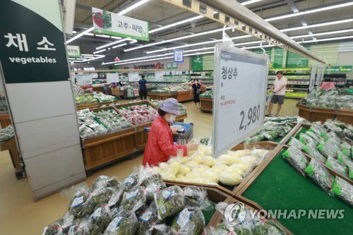 계속되는 장마에 상추 등 채소가격 상승(서울=연합뉴스) 진연수 기자 = 계속되는 장마로 채소가격이 상승한 가운데 17일 서울 시내 한 마트에서 시민이 상추 등을 고르고 있다. 2023.7.17 jin90@yna.co.kr