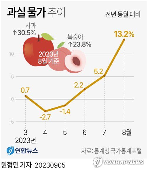 [그래픽] 과실 물가 추이(서울=연합뉴스) 원형민 기자 = circlemin@yna.co.kr     페이스북 tuney.kr/LeYN1 트위터 @yonhap_graphics