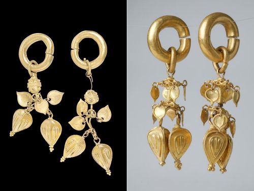 경남 합천 옥전 고분에서 나온 금 귀걸이 왼쪽부터 보물 '합천 옥전 M4호분 출토 금귀걸이', 보물 '합천 옥전 M6호분 출토 금귀걸이' [문화재청 국가문화유산포털 제공. 재판매 및 DB 금지]