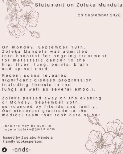 졸레카 만델라의 가족이 낸 그의 부고 성명