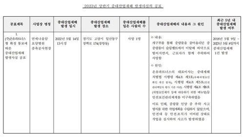 관보에 공표된 중대산업재해 발생 사실[고용노동부 제공]
