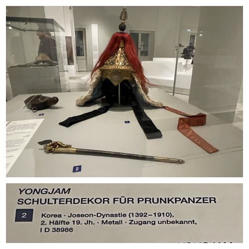 훔볼트포럼 한국유물특별전에서 갑옷 어깨위 용장식으로 소개된 용잠(베를린=연합뉴스) 이율 특파원 = 한해 300만명이 찾는 독일 베를린의 명소 훔볼트포럼 한국유물특별전에서 갑옷 어깨위 용장식으로 소개된 여성용 비녀 용잠. 2023.10.16