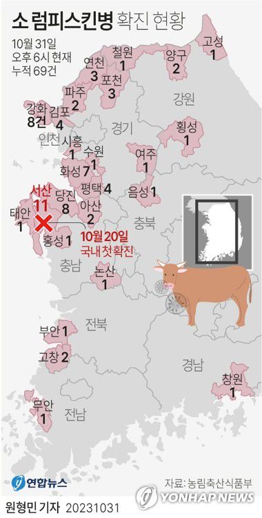 [그래픽] 소 럼피스킨병 확진 현황(종합)(서울=연합뉴스) 원형민 기자 = circlemin@yna.co.kr     페이스북 tuney.kr/LeYN1 트위터 @yonhap_graphics