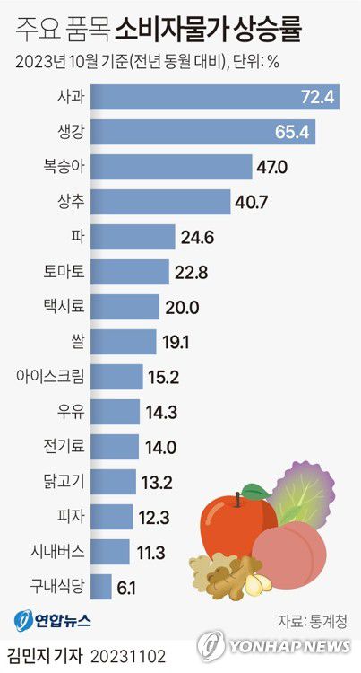 [그래픽] 주요 품목 소비자물가 상승률(서울=연합뉴스) 김민지 기자 = minfo@yna.co.kr     트위터 @yonhap_graphics  페이스북 tuney.kr/LeYN1