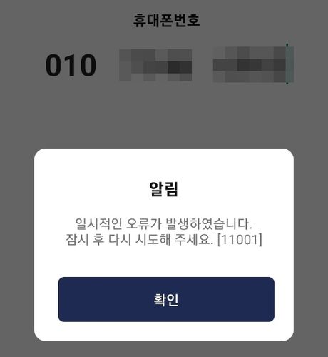 모바일신분증 접속 장애 안내문[해당 애플리케이션 캡처]