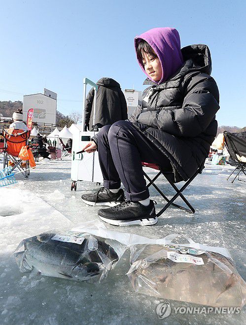 '나는야 어린이 강태공'(화천=연합뉴스) 강태현 기자 = 13일 오전 강원 화천군 화천읍 화천천에서 열린 '2024 산천어축제' 얼음 낚시터에서 어린이 관광객이 얼음 구멍에 낚싯대를 드리우며 산천어가 잡히기를 기다리고 있다. 2024.1.14 taetae@yna.co.kr