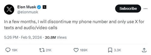 머스크 "몇 달 내 전화번호 사용안할 것"[머스크 X 캡처]
