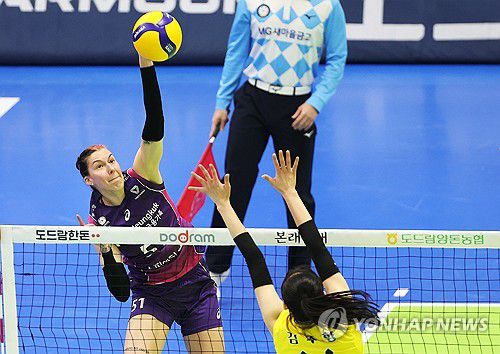 공격하는 윌로우(수원=연합뉴스) 홍기원 기자 = 12일 경기도 수원실내체육관에서 열린 프로배구 V리그 여자부 현대건설 힐스테이트와 흥국생명 핑크스파이더스의 경기. 흥국생명 윌로우가 공격하고 있다. 2022.2.12 xanadu@yna.co.kr