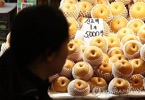 급등하는 과일 물가(서울=연합뉴스) 사진은 지난 6일 서울 동대문구 청량리청과물시장에서 한 시민이 배를 둘러보고 있다. 2024.3.6 [연합뉴스 자료사진. 재판매 및 DB 금지]