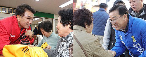 선거운동 하는 고기철·위성곤 후보[연합뉴스 자료사진]