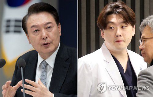 윤석열 대통령과 박단 대한전공의협의회 비상대책위원회 위원장(서울=연합뉴스) 윤석열 대통령과 박단 대한전공의협의회 비상대책위원회 위원장. photo@yna.co.kr