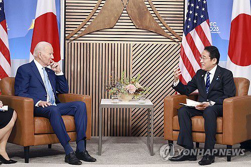 미국 샌프란시스코에서 만난 미·일 정상[교도 연합뉴스 자료사진. 재판매 및 DB 금지]