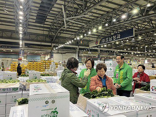 표심 호소하는 녹색정의당 강은미 후보(광주=연합뉴스) 녹색정의당 광주 서구을 강은미 후보가 제22대 총선을 하루 앞둔 9일 오전 광주 서구 매월동 서부농수산물도매시장에서 상인들에게 표심을 호소하고 있다. 2024.4.9 [강은미 후보 제공. 재판매 및 DB 금지] areum@yna.co.kr