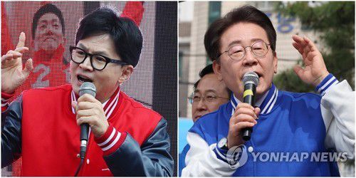 유세하는 한동훈과 이재명국민의힘 한동훈 비상대책위원장 겸 총괄 선거대책위원장(왼쪽)과 더불어민주당 이재명 대표가 유세하고 있다. [연합뉴스 자료사진]
