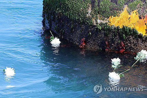 세월호 10주기…녹슨 부표와 하얀 국화(진도=연합뉴스) 정회성 기자 = 세월호 참사 10주기를 사흘 앞둔 13일 오후 전남 진도군 맹골수도의 침몰 해점을 표시하는 부표 주변에 유가족과 스님들이 띄운 국화가 떠 있다. 2024.4.13 hs@yna.co.kr