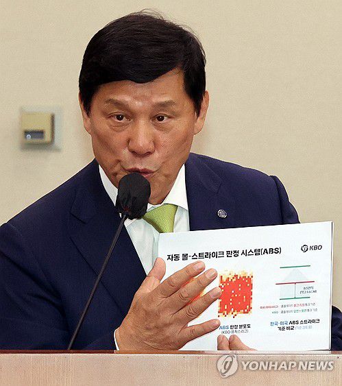 로봇 판정 설명하는 허구연 총재(서울=연합뉴스) 한상균 기자 = 허구연 한국야구위원회 총재가 24일 국회 문화체육관광위원회 국정감사에서 자동 볼 판정 시스템(ABS·Automatic Ball-Strike System)에 관해 설명하고 있다.      ABS는 로봇 심판이 볼·스트라이크를 판정하는 것으로 KBO는 내년부터 도입한다. 2023.10.24 xyz@yna.co.kr