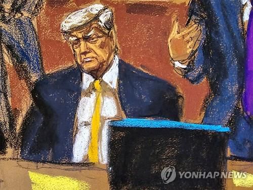재판받는 트럼프 법정 스케치[로이터. 연합뉴스 자료사진. 재판매 및 DB 금지]