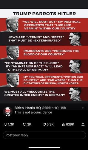 트럼프와 히틀러 비교한 바이든 재선 캠프의 엑스 계정 [바이든 캠프 엑스 계정 캡처. 재판매 및 DB 금지]