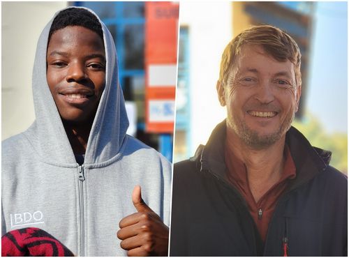 남아공 청년세대 유권자와 기성세대 유권자(요하네스버그=연합뉴스) 유현민 특파원 = 남아프리카공화국에서 총선이 열린 지난 5월 29일(현지시간) 오전 하우텡주 94선거구 투표소 중 하나인 요하네스버그 북부 위트코펜초등학교에서 만난 타쿠 템베자(22)와 제프 무어(52)(사진 왼쪽부터 차례로). 2024.6.1 hyunmin623@yna.co.kr (끝)