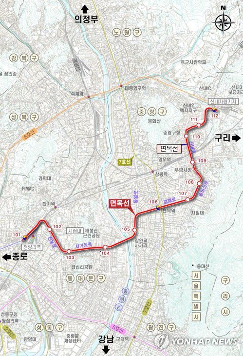 서울시 면목선 노선도(서울=연합뉴스) 서울시가 20일 발표한 제2차 10개년 도시철도망 구축계획(안) 중 면목선 노선도. 2019.2.20 [서울시 제공] photo@yna.co.kr