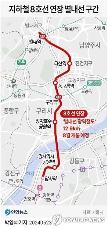[그래픽] 지하철 8호선 연장 별내선 구간[연합뉴스 그래픽 자료]