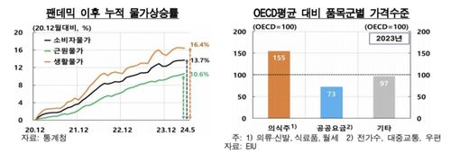 누적 물가 상승률·OECD 평균 대비 품목군별 가격 수준[한국은행 제공.재판매 및 DB 금지]