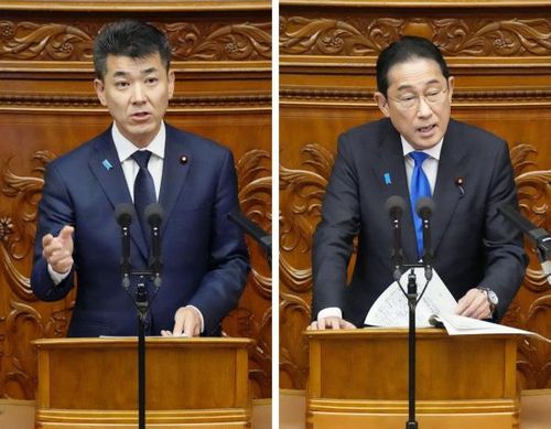 일본 기시다(오른쪽) 총리와 이즈미 입헌민주당 대표[교도 연합뉴스 자료사진. 재판매 및 DB 금지]