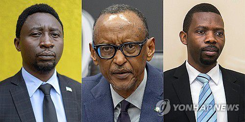 르완다 15일 대선 출마 후보 3명왼쪽부터 야당 민주녹색당(DGP)의 프랑크 하비네자 대표, 여당 연합 르완다애국전선(RPF)의 폴 카가메 현 대통령, 무소속 필리프 음파이마나 후보. [AFP 연합뉴스 자료사진. 재판매 및 DB 금지]