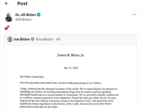 바이든 대통령 사퇴 성명 리트윗한 질 바이든 여사[X 캡처. 재판매 및 DB 금지]