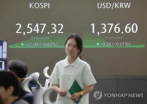 하락 출발한 코스피·코스닥(서울=연합뉴스) 박동주 기자 = 코스피가 1% 넘게 내리며 하락 출발한 8일 오전 서울 중구 하나은행 본점 딜링룸에서 직원이 업무를 보고 있다. 2024.8.8 pdj6635@yna.co.kr (끝)
