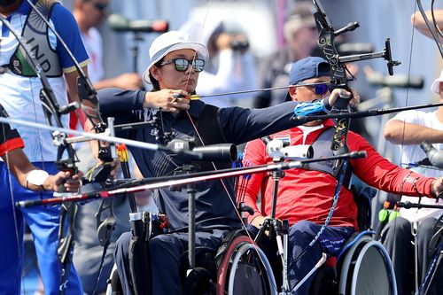 양궁 남자 리커브 곽건휘(서울=연합뉴스) 곽건희가 29일(한국시간) 프랑스 파리 앵발리드에서 열린 2024 파리 패럴림픽 양궁 남자 리커브 오픈 랭킹 라운드에서 활시위를 당기고 했다. [공동취재단 제공. 재판매 및 DB금지]