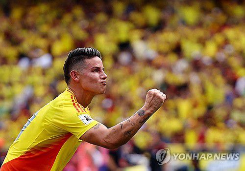 골세리머니를 펼치는 콜롬비아의 하메스 로드리게스[로이터=연합뉴스]